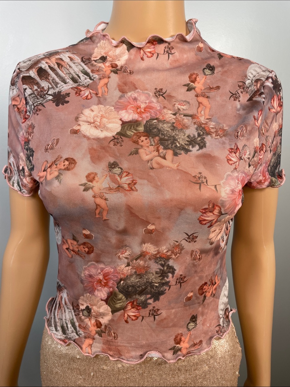 SHEIN Pink Cherub & Floral Mesh Camisole